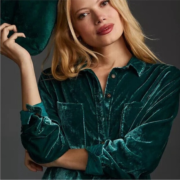 NWOT Anthropologie Pilcro The Hadley Relaxed Button Down Shirt Green Velvet XLP - Picture 3 of 10